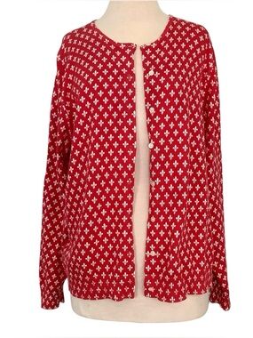 Lands' End Red and Cream Fleur de Lis Knit Cardigan